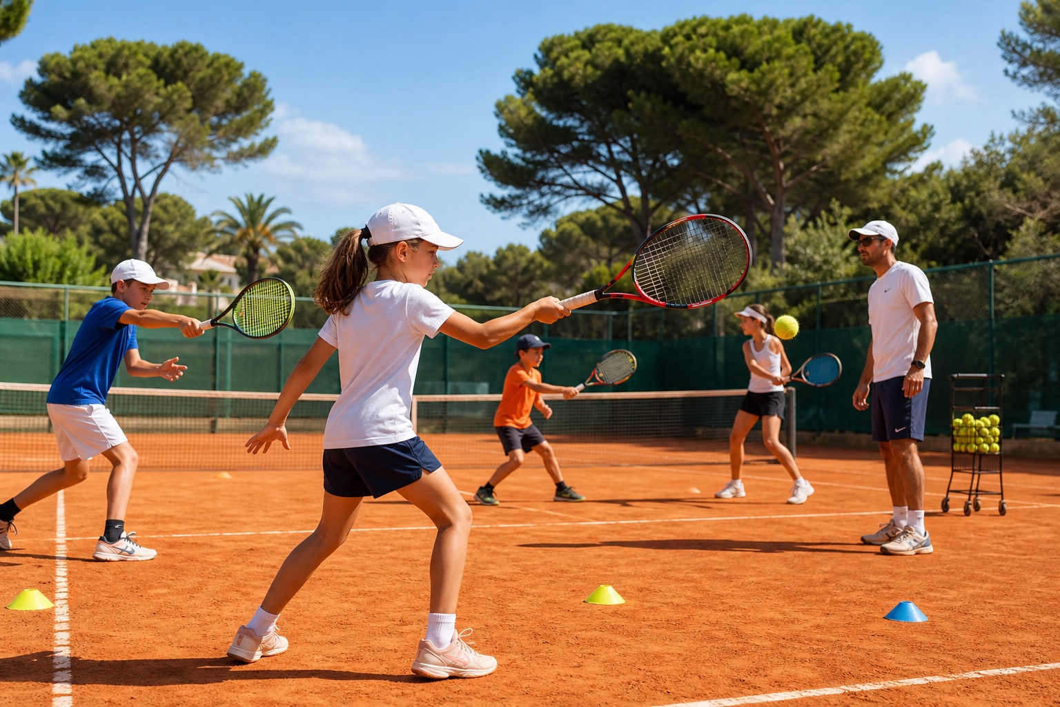 Groupe de jeunes en stage de tennis sur terre battue