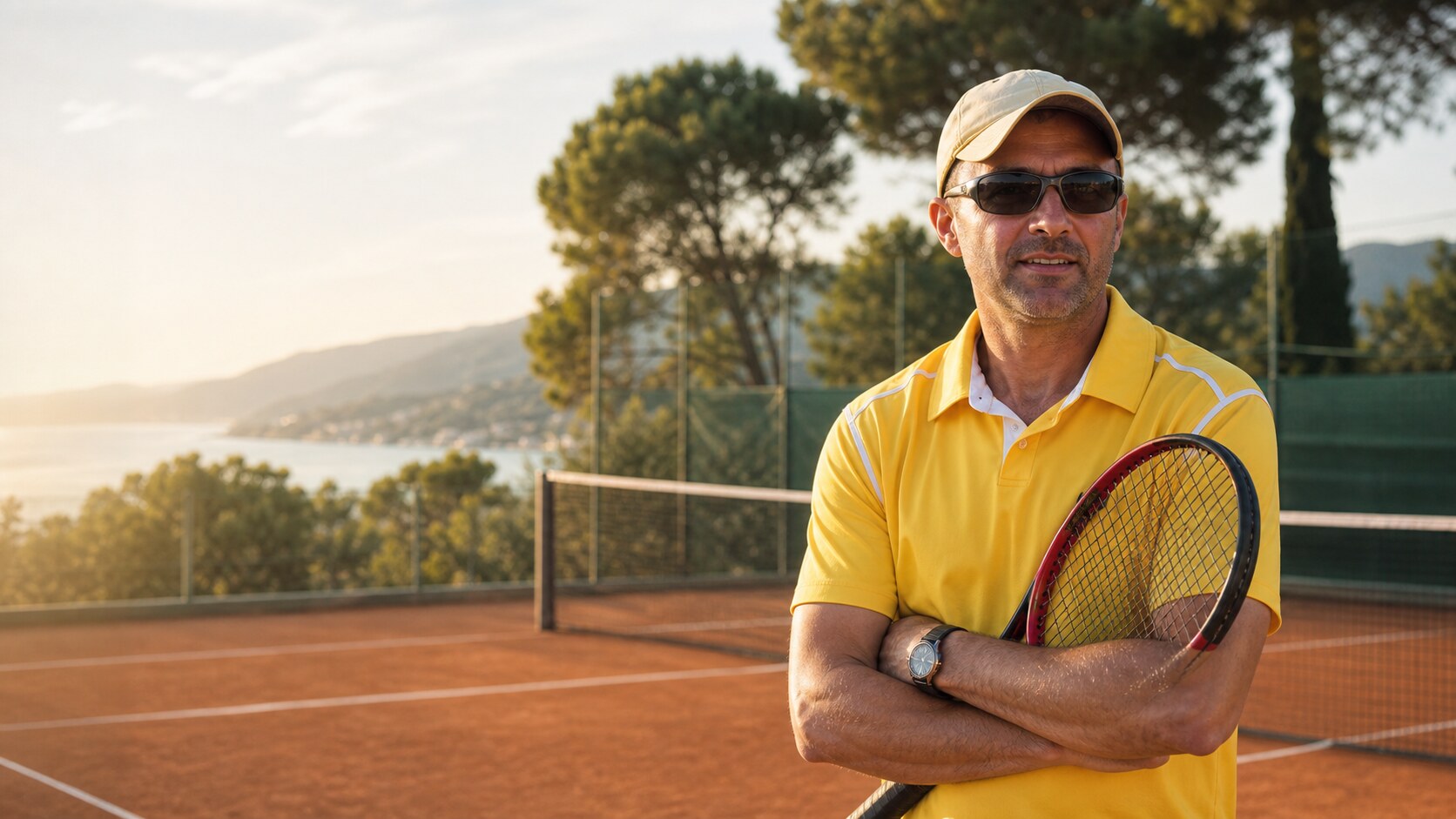 Nicolas Kientzy sur un court de tennis au Lavandou face à la Méditerranée